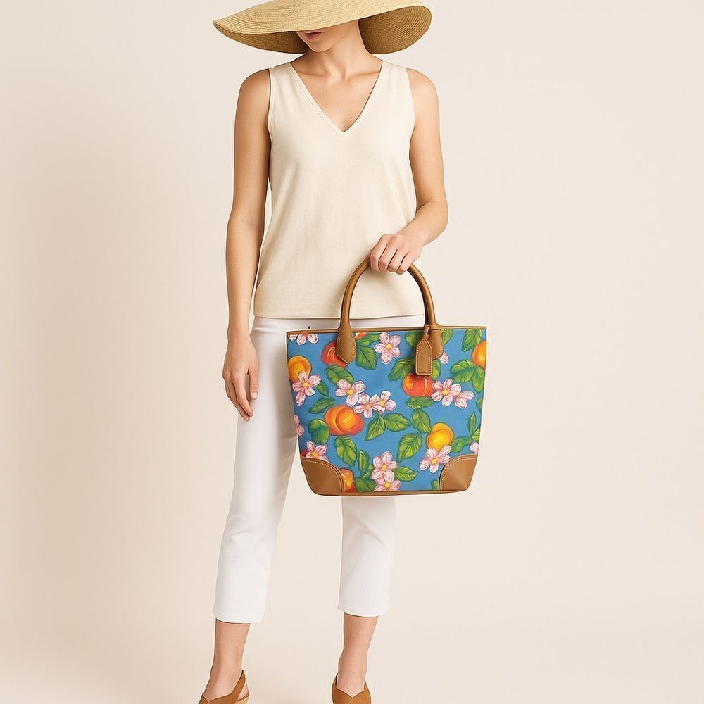 Liz Claiborne Fruit Floral Canvas Tote Bag Tan Trim Large Zip Top